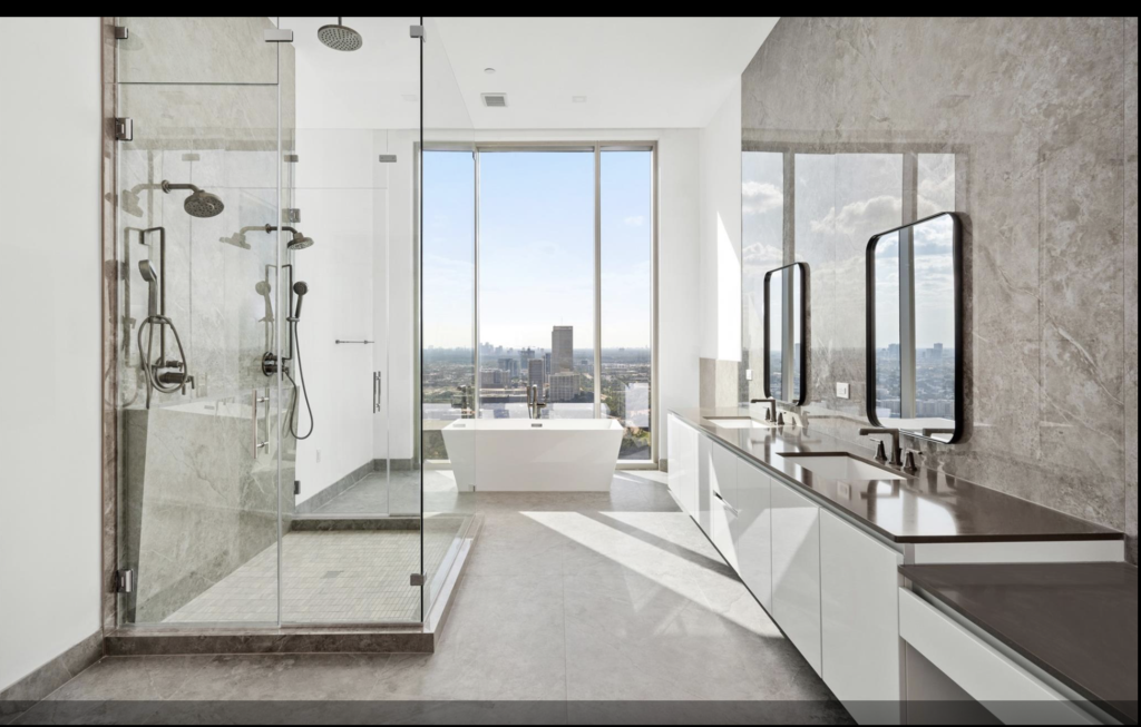 The primary bath at No. 3401 at 1711 Allen Parkway in The Residences at the Allen